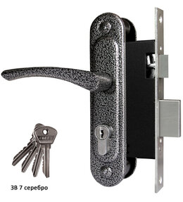 Замок Omega (Омега) врезной цилиндровый с защёлкой в комплекте с ручкой ЗВ7 (серебро), 4 кл.