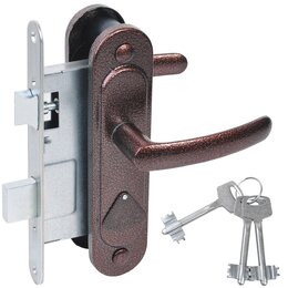 Замок Absolyute (Абсолют) врезной сувальдный с защёлкой в комплекте с ручкой ЗВ9.2-08 (медь антик), 3 кл.