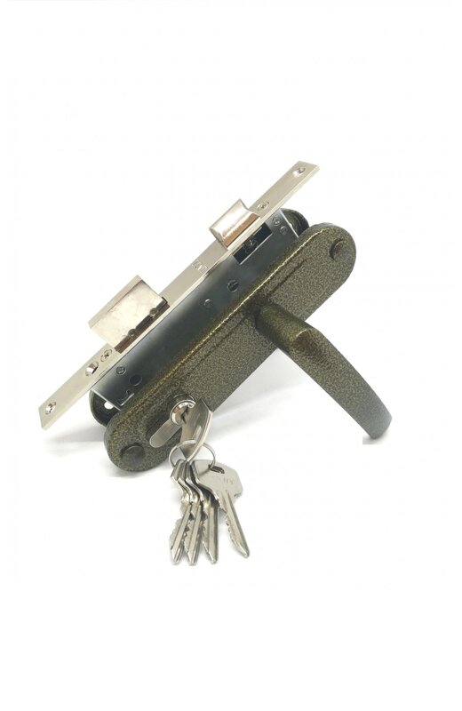 Замок Zenit (Зенит) врезной цилиндровый с защёлкой в комплекте с ручкой ЗВ7-70.4-02 (бронза), 5 кл.