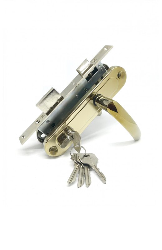 Замок Zenit (Зенит) врезной цилиндровый с защёлкой в комплекте с ручкой ЗВ7-70.4-02 (золото лак), 5 кл.